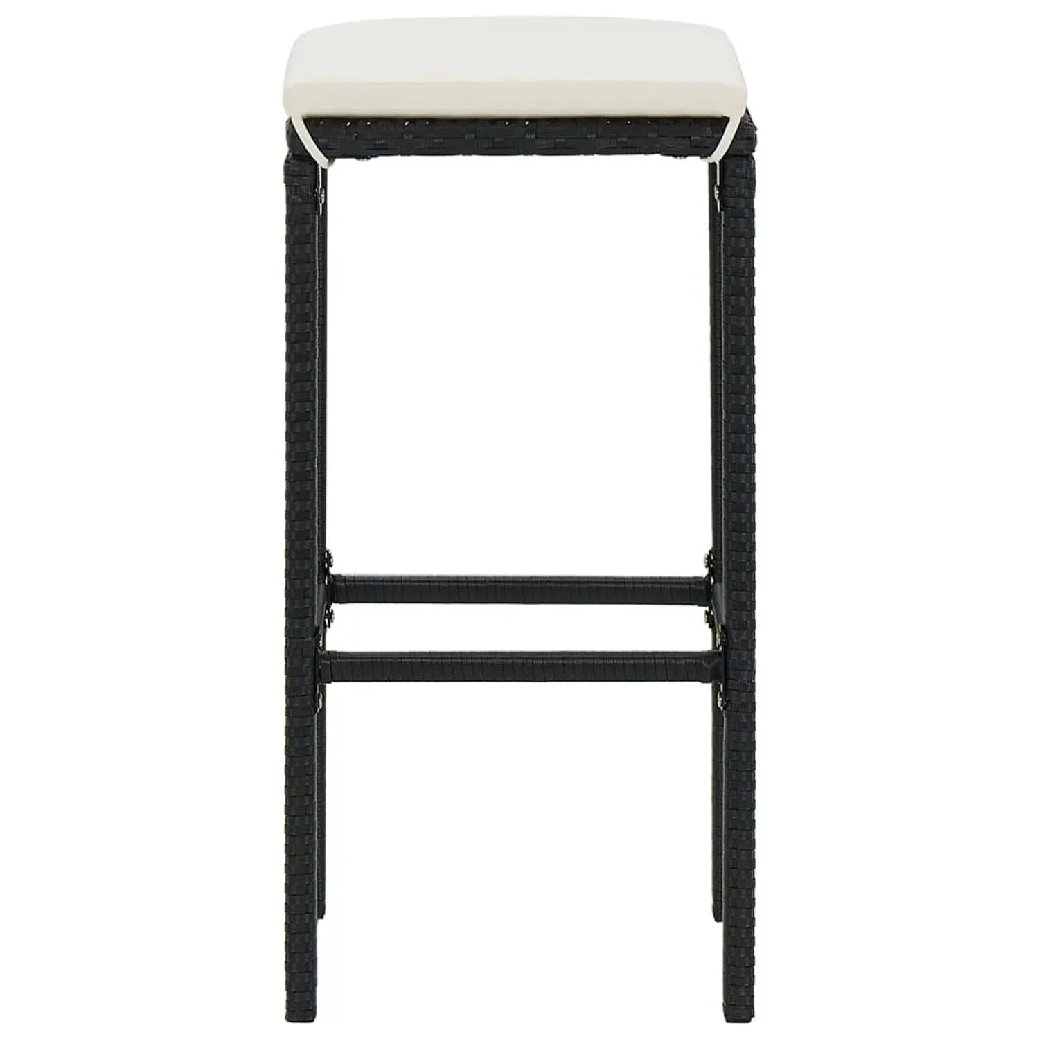 Schwarzer Barhocker aus Rattan mit cremefarbenem Kissen, Teil des vidaXL Gartenbar-Sets.