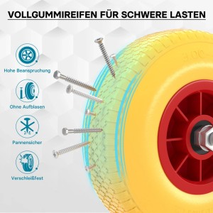 Gelbes Wiltec Schubkarren Vollgummi PU Rad 3.00-4, pannensicher, mit Schrauben im Reifen. Für schwere Lasten.