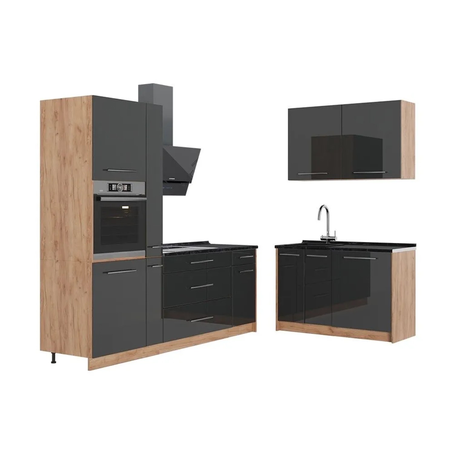 Vicco Küchenzeile Fame-Line Anthrazit Hochglanz/Goldkraft Eiche 220 x 207 AP Anthrazit Art Nr 64975