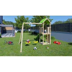 Trigano Spielturm Smart Xperience mit Rutsche, Schaukel, Kletterwand und Sandkasten im Garten.