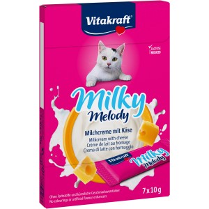 Vitakraft Milky Melody Käse für Katzen, 70g Packung mit Milchcreme und Käsestückchen.