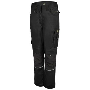 Schwarze Hans Schäfer Workwear Damen Bundhose Athene mit vielen Taschen, Knieverstärkung und Reflexstreifen.