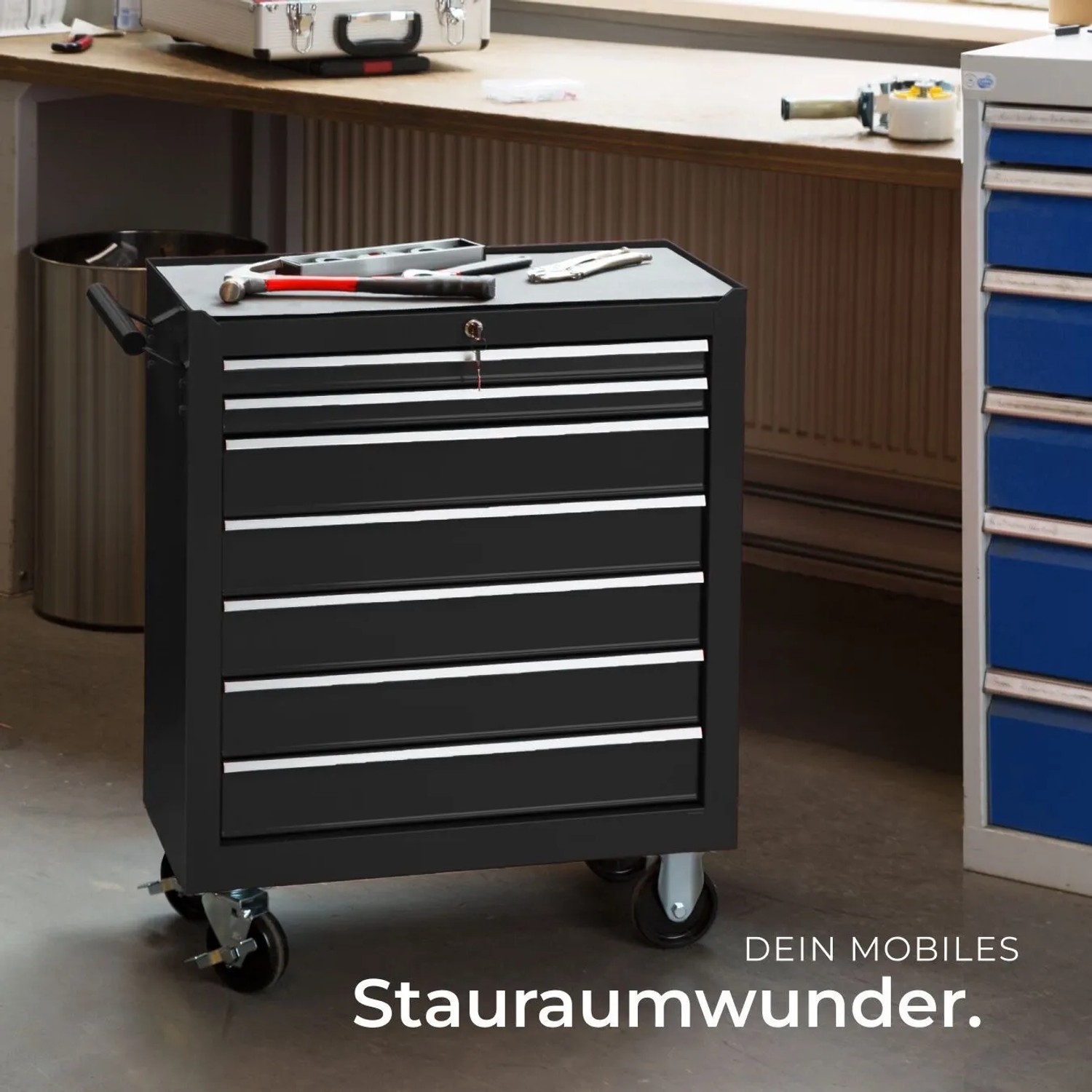 Schwarzer Tectake Werkzeugwagen mit 7 Schubladen, Antirutschmatten und Rollen. Ideal für Werkstatt.