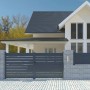 Graues Casanoov Doppelflügeltor aus Aluminium (3 m) mit horizontalen Lamellen vor einem Haus.