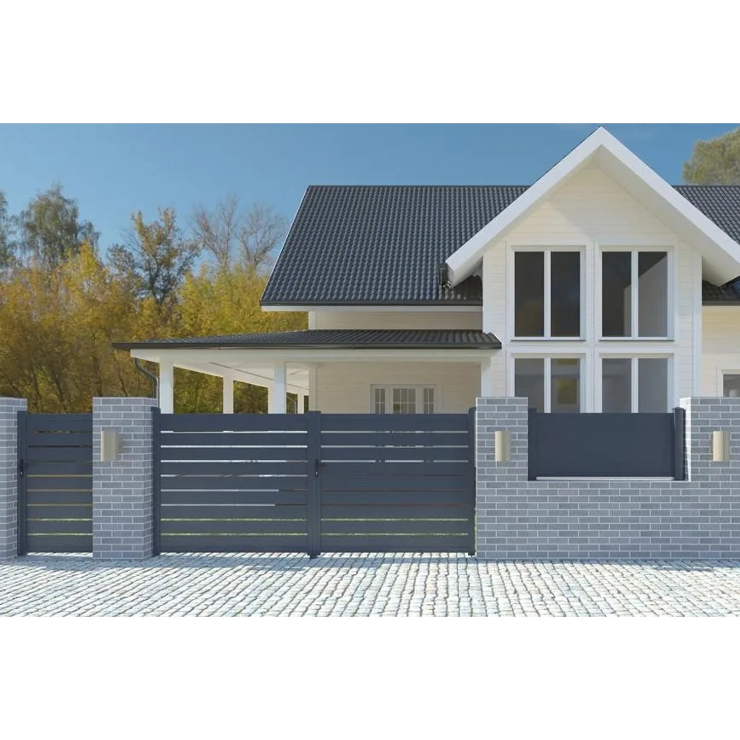Graues Casanoov Doppelflügeltor aus Aluminium (3 m) mit horizontalen Lamellen vor einem Haus.