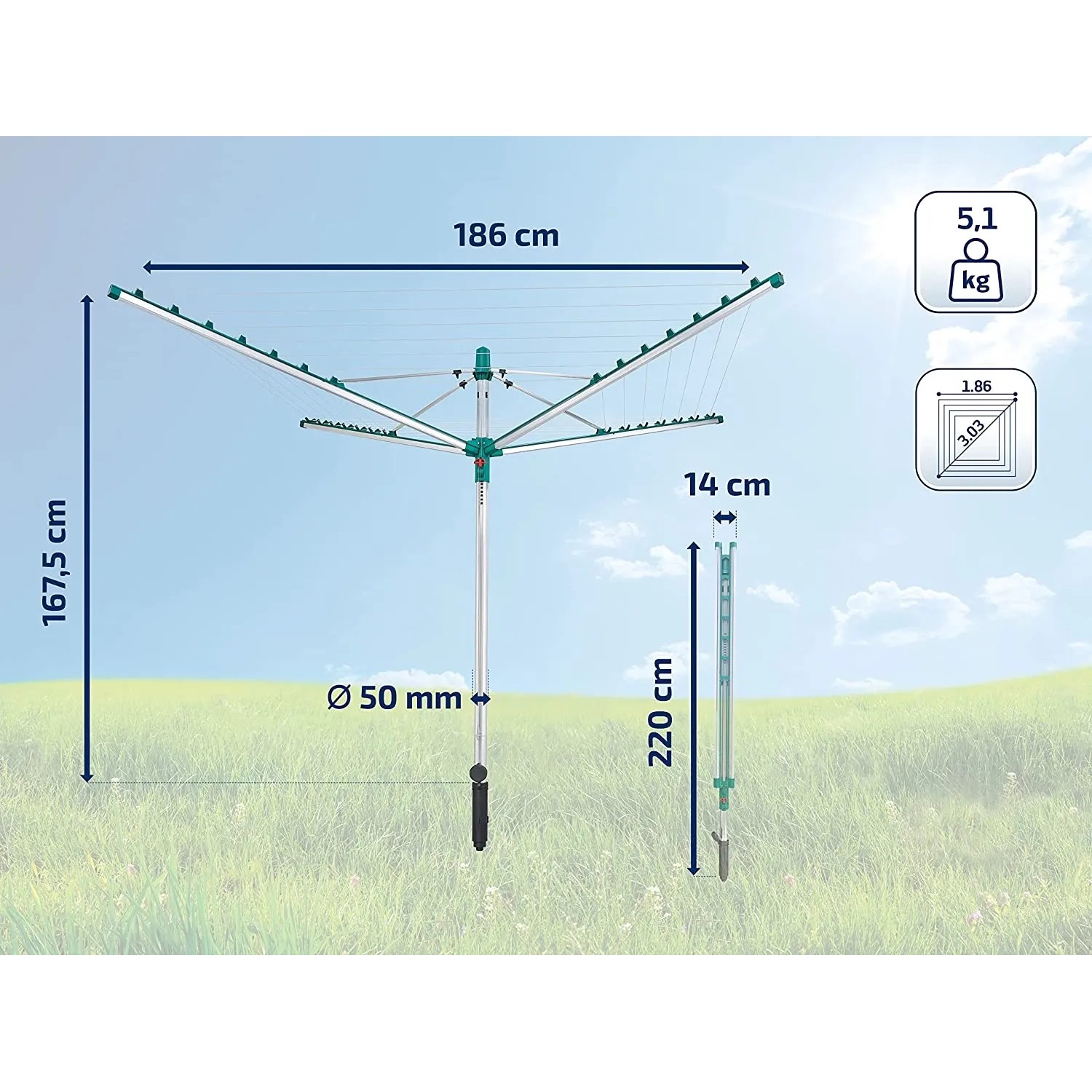 Leifheit Wäschespinne Linomatic V 40m, höhenverstellbarer Wäscheständer für Garten und Balkon.