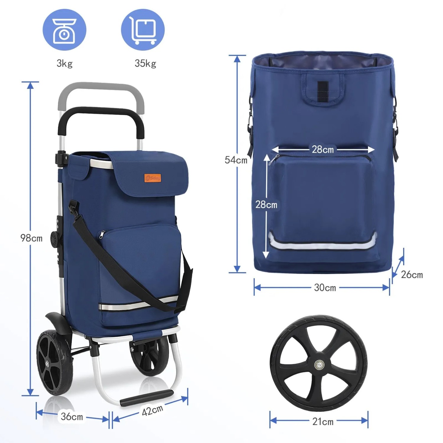 Sekey 3-in-1 Einkaufstrolley blau: Faltbarer Trolley mit Kühlfach, als Einkaufswagen, Sackkarre und Umhängetasche nutzbar.