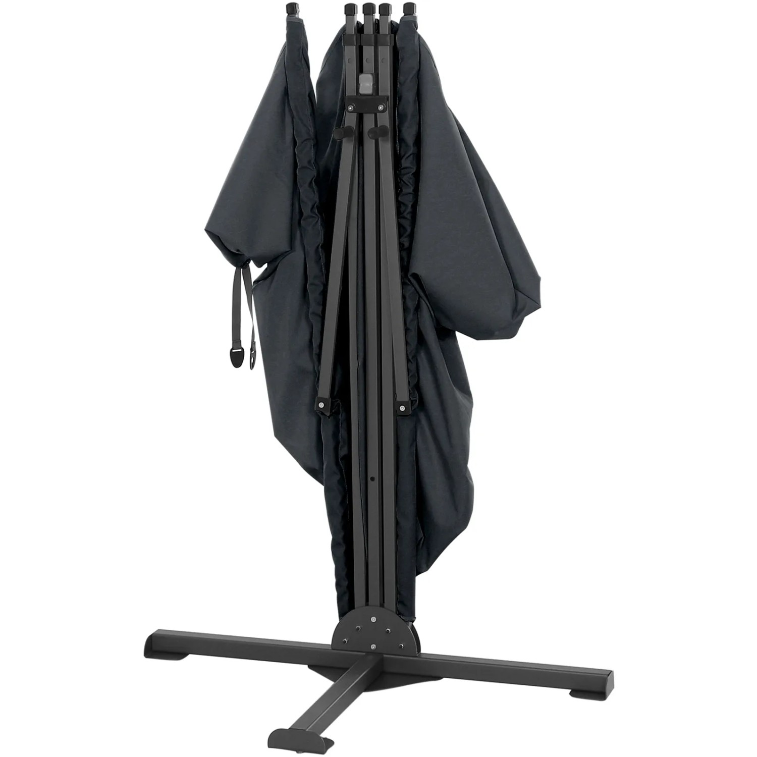 Zusammengefalteter, anthrazitfarbener Siena Garden Sichtschutz 150x280 cm mit Standfuß.