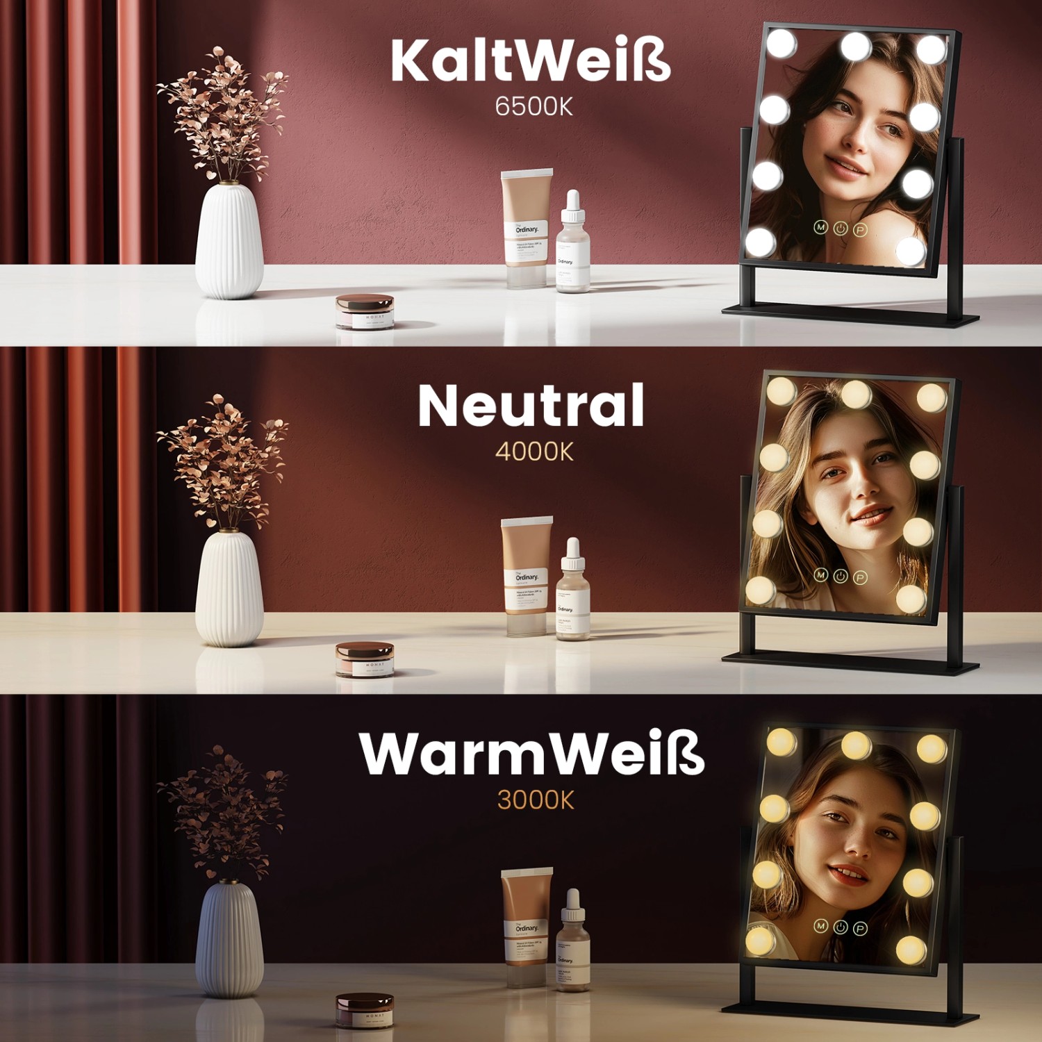 Emke Hollywood Kosmetikspiegel mit 3 Farbtemperaturen im Vergleich.