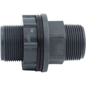 Graue IBC Tankdurchführung G1,25 Zoll AG mit Gewinde und Dichtung für Regentonnen.