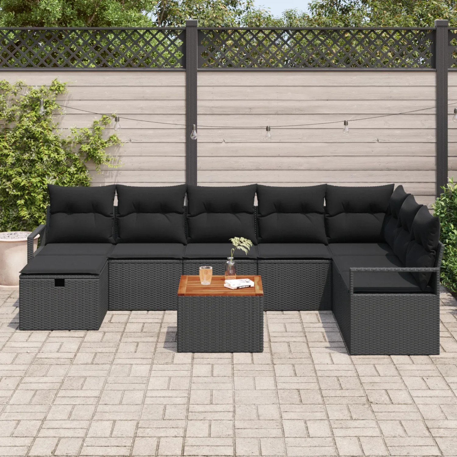 vidaXL 9-tlg. Garten-Sofa-Set aus Poly Rattan, schwarz, mit Tisch und Kissen.
