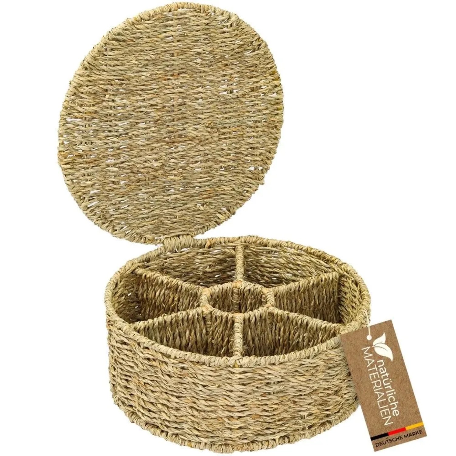 Runde Teebox aus geflochtenem Seegras, offen, mit 7 Fächern. Perfekt für Teebeutel und Ordnung.