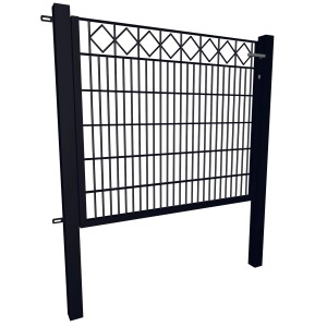 Anthrazitfarbenes Gartentor mit Karo-Muster, 100x120 cm, aus Stahl.