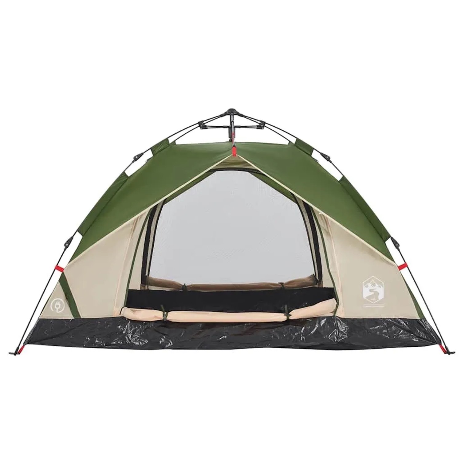 Grünes Furnicato Kuppelzelt für Camping, mit beigem Stoff und großem Eingang. Kompaktes Outdoor-Zelt.