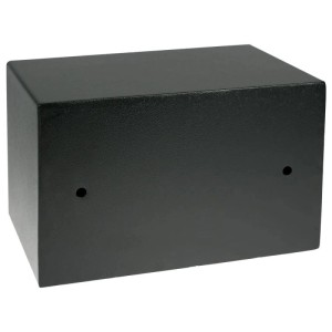 Schwarzer HMF Möbeltresor aus Stahl, matt pulverbeschichtet, mit Bohrlöchern für Wand- oder Bodenmontage.