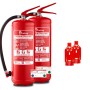 Zwei rote FireLoq 6kg Pulverlöscher mit schwarzem Schlauch, Manometer und Wandhaltern. Ideal für Pannenhilfe & Erste Hilfe.