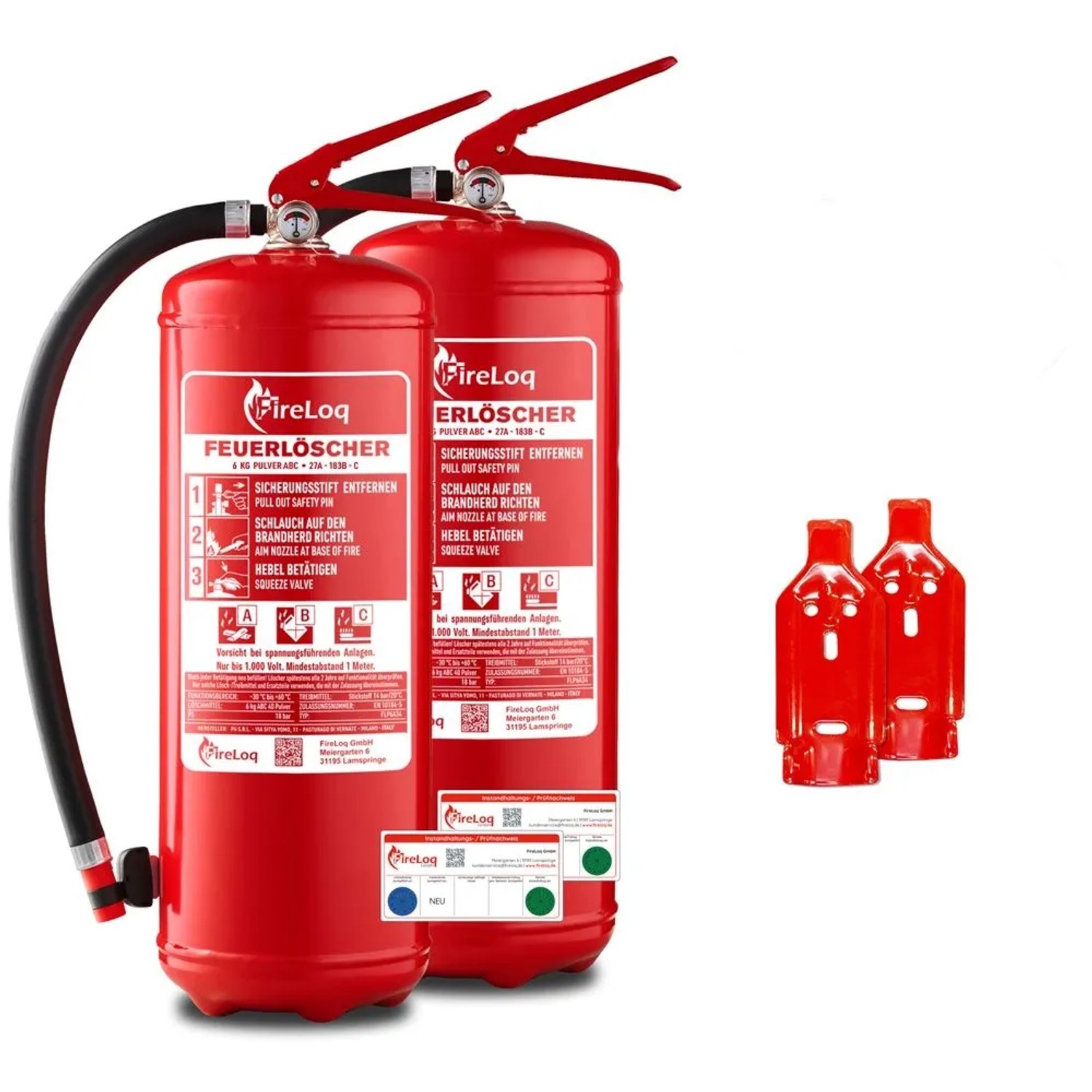Zwei rote FireLoq 6kg Pulverlöscher mit schwarzem Schlauch, Manometer und Wandhaltern. Ideal für Pannenhilfe & Erste Hilfe.