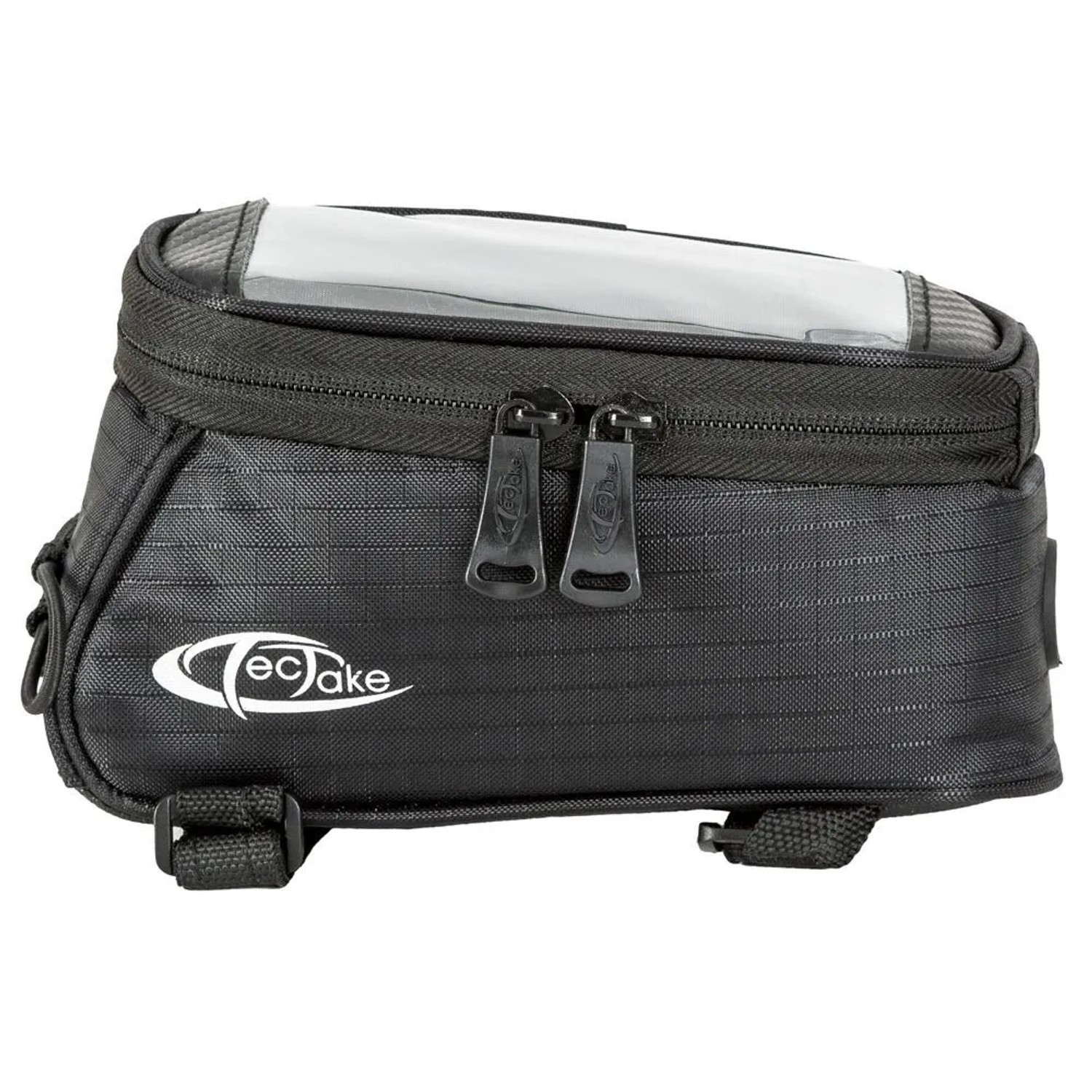 Schwarze Tectake Fahrradtasche mit Rahmenbefestigung und transparentem Touchdisplay-Fach.