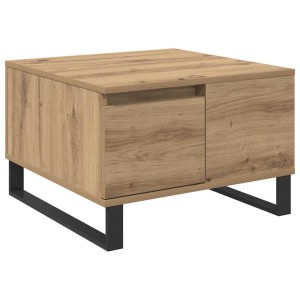 Quadratischer Couchtisch Artisan-Eiche aus Holzwerkstoff mit Schublade und Staufach auf schwarzen Metallbeinen.
