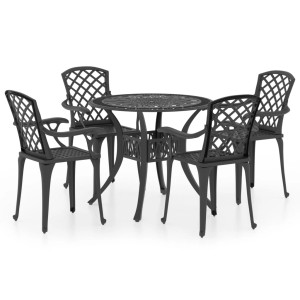 Schwarzes vidaXL Bistro-Set, 5-teilig, aus Aluminiumguss mit Tisch und vier Stühlen.