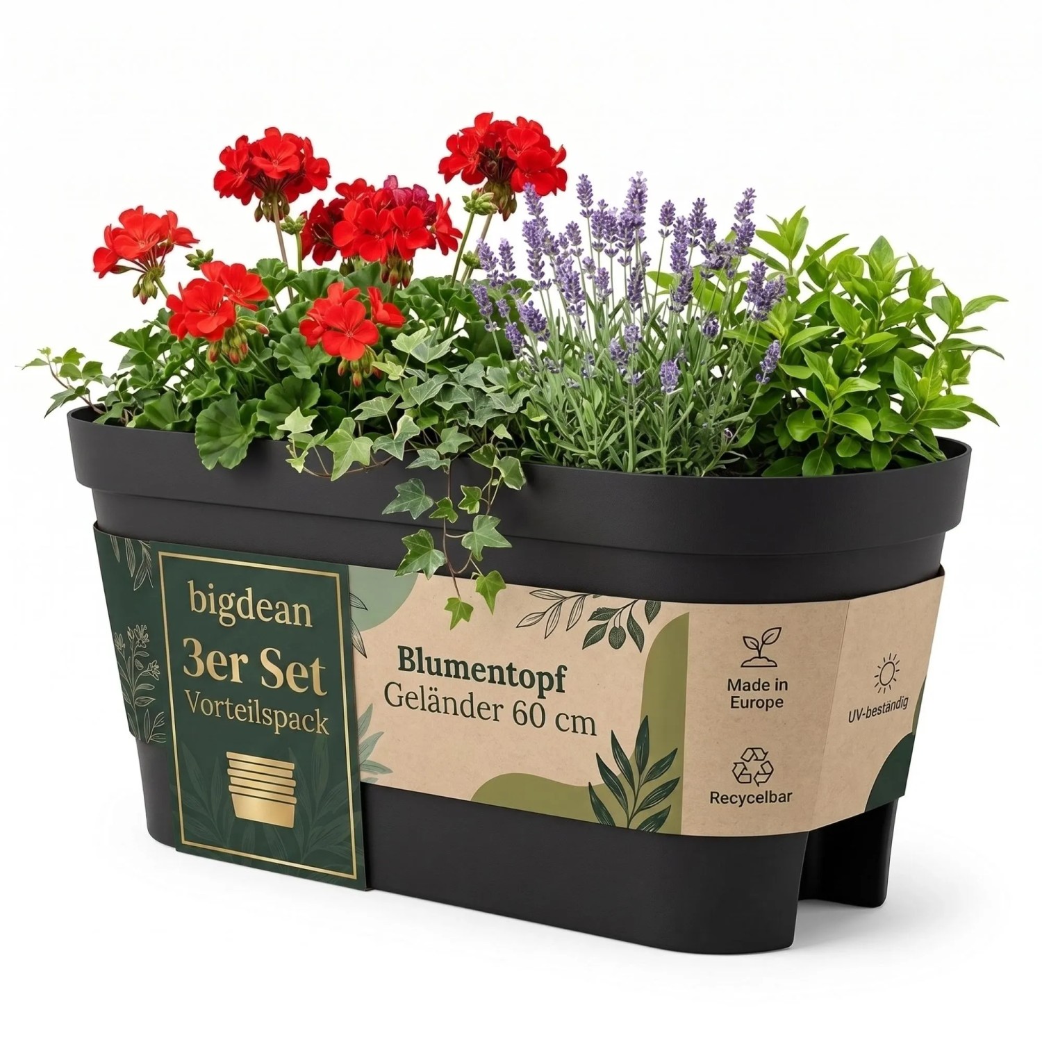 BigDean 3x Blumenkasten Balkongeländer 60cm Anthrazit Balkonkasten Inklusive Halterung Blumentopf Zum Aufhängen Wasserablauf Gegen