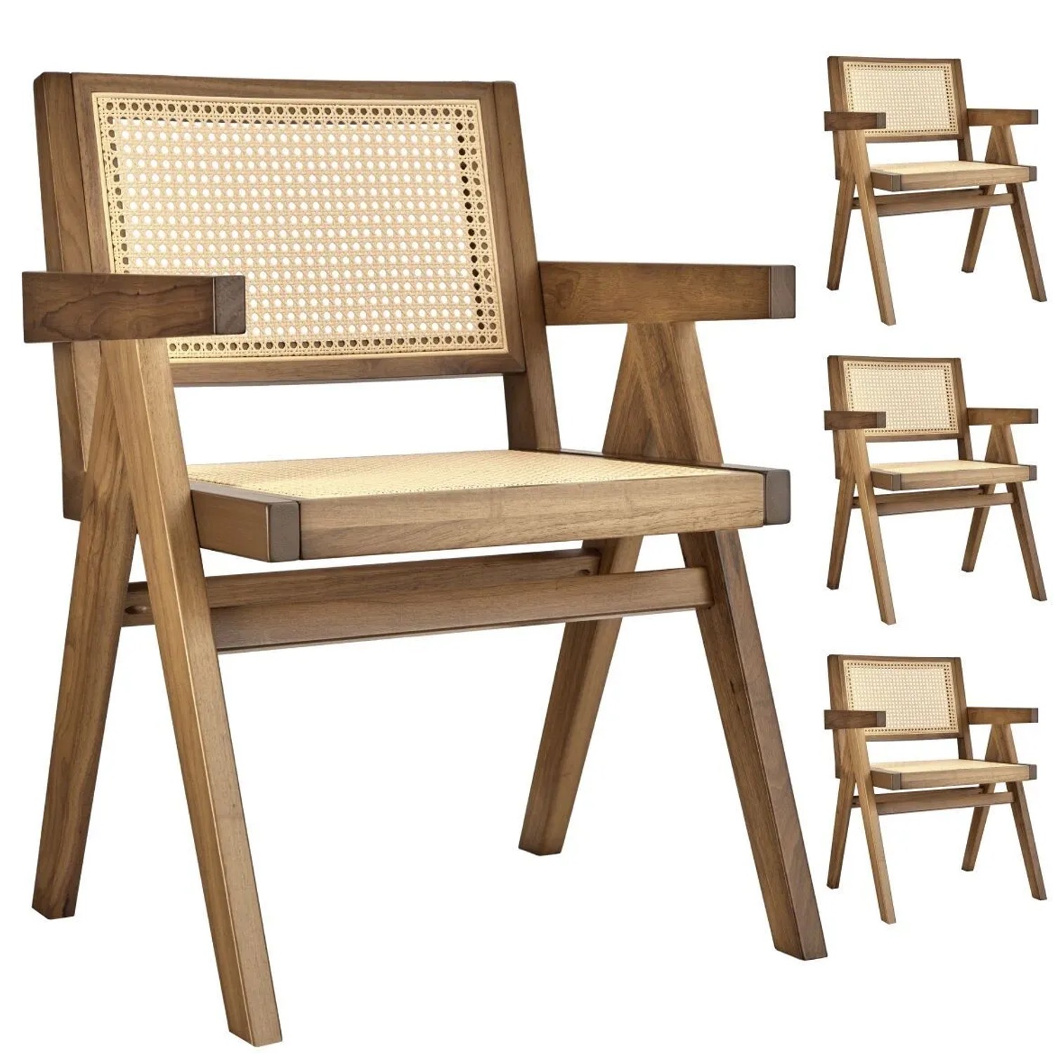 Tectake Armlehnstuhl Lissy Boho Stil Große Rückenlehne Und Sitzfläche Mit Wiener Geflecht 4Er Set 56 50 X 59 50 X 82 50 Cm Eiche Hell