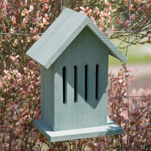 Türkises Holz-Schmetterlingshaus mit Schrägdach, hängt an Haken im Garten zwischen rosa Blüten. Ideal für Falter.