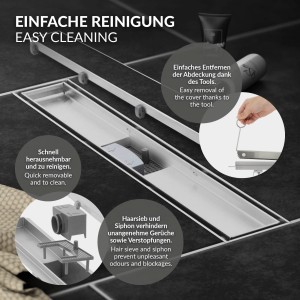 LuxeBath Duschrinne 90cm, befliesbar, extra flach, silber. Duschzubehör mit Haarsieb und Siphon.