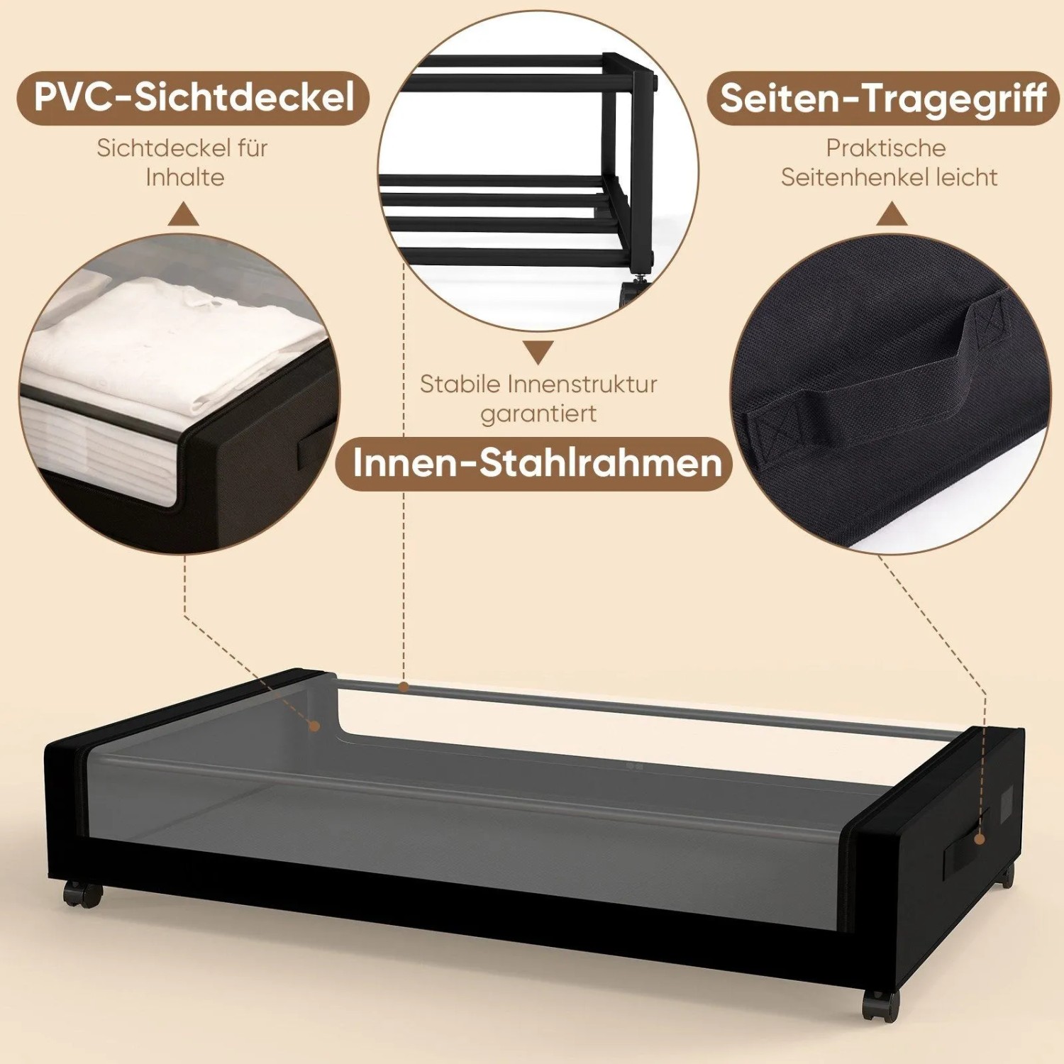 Schwarze Unterbett Aufbewahrungsbox mit transparentem Deckel, Rollen, Griffen und stabilem Stahlrahmen.