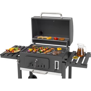 Tepro Holzkohle Grillwagen Toronto XXL, anthrazit-Edelstahl, mit Grillgut auf dem Rost.