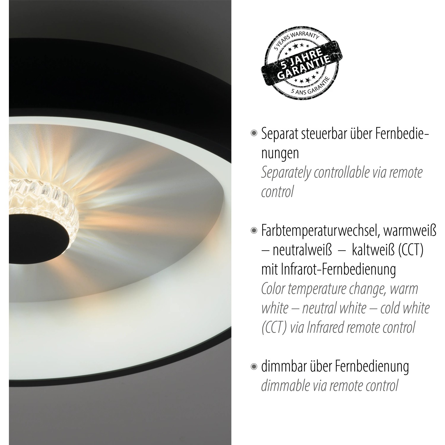 Moderne LED-Deckenleuchte Vertigo, schwarz, Ø 46,5 cm mit Kristall-Effekt.