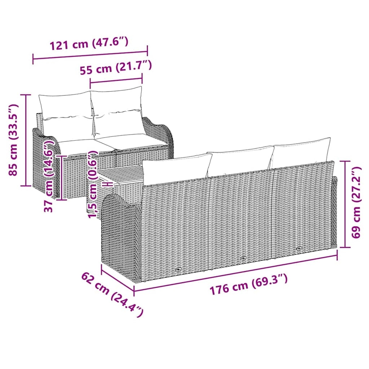 vidaXL Gartenmöbel-Set, 6-teilig, grau, Poly Rattan, mit Sofa, Sesseln und Tisch, modulare Bauweise.