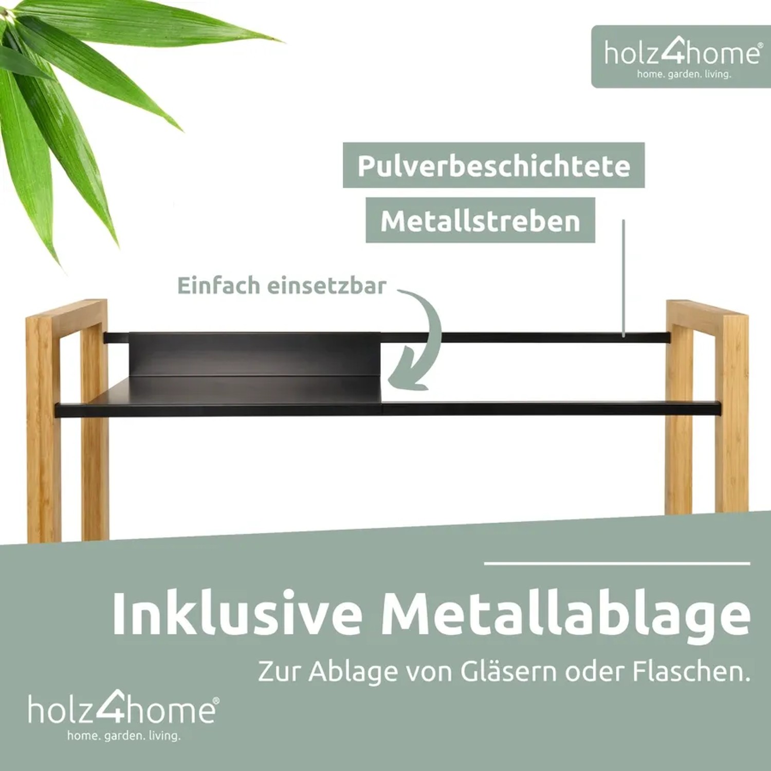 holz4home Getränkekistenregal mit Edelstahlablage, schwarz. Regalböden für Getränkekisten.
