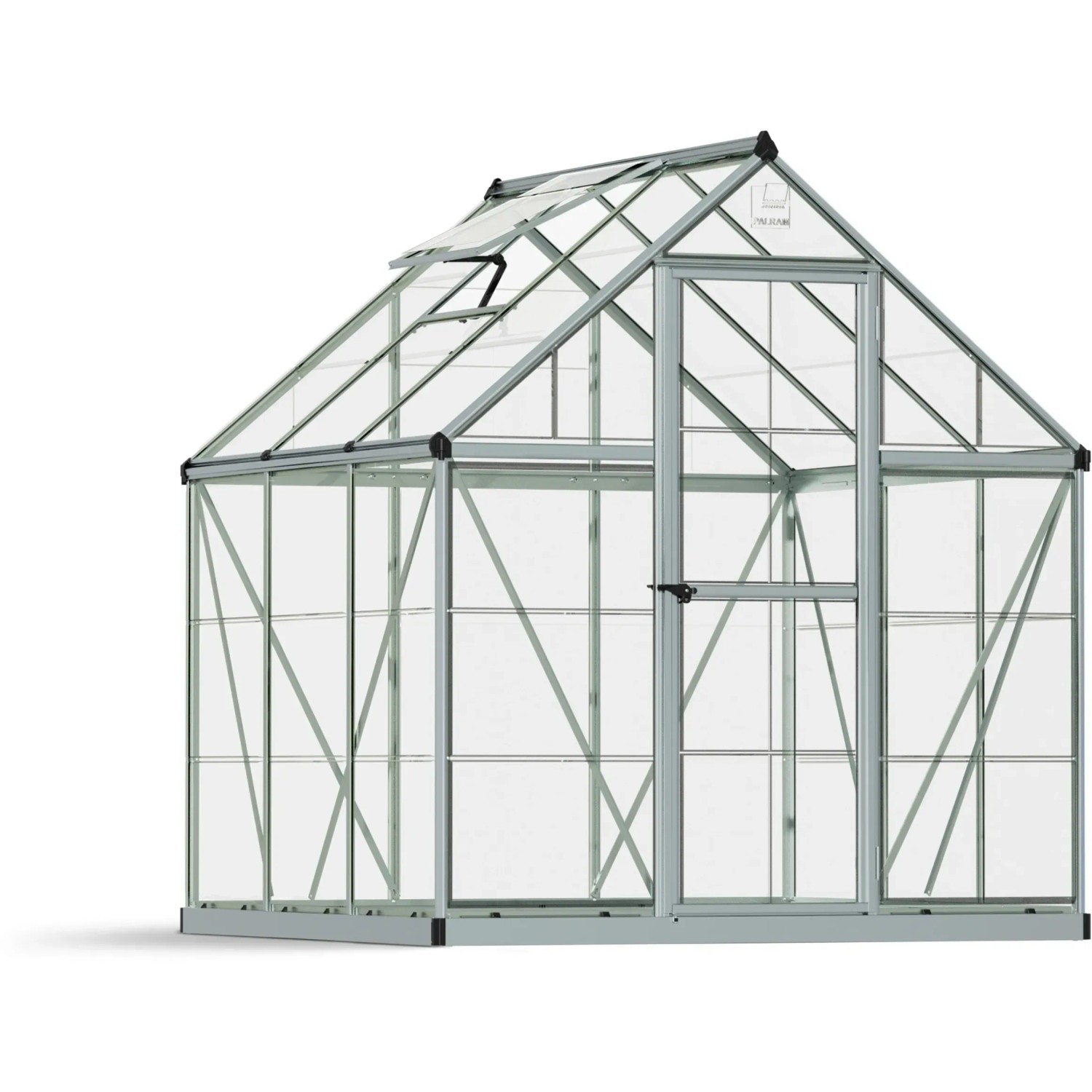 Palram Canopia Gewächshaus, 3,4 m², Silber, mit Fundamentrahmen.