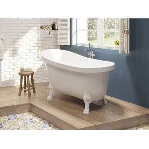 Weiße freistehende Badewanne Nisos 145 cm mit Löwenfüßen im Bad. Ovale Acryl-Wanne für 1 Person.