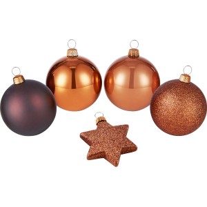 Baumschmuck-Set, 50-teilig, braun: Kugeln und Sterne in matt, glänzend und glitzernd.