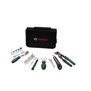 BOSCH 44-tlg. DIY Werkzeug-Set mit Ratsche, Schraubendrehern, Zange, Flaschenöffner und schwarzer Tasche.