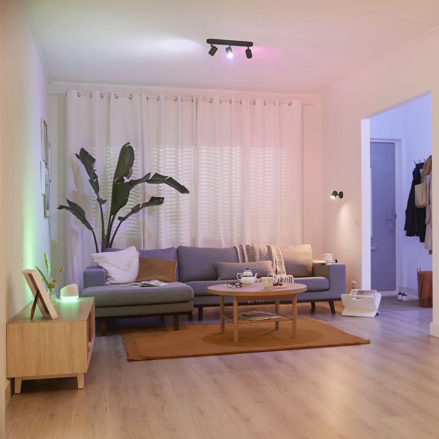 Schwarze WIZ LED Deckenleuchte Imageo mit 3 Spots in Wohnraum-Szene mit farbiger Beleuchtung.
