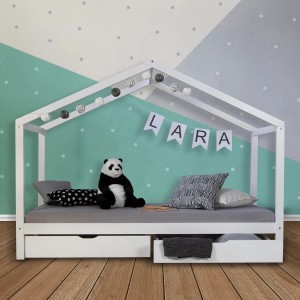 Weißes Homestyle4u Kinderbett Hausbett 90x200 mit Bettkästen und Deko.