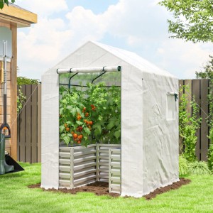 Weißes Furnicato Tomatengewächshaus mit Hochbeet, Foliendach, Rolltor und Fenster im Garten.
