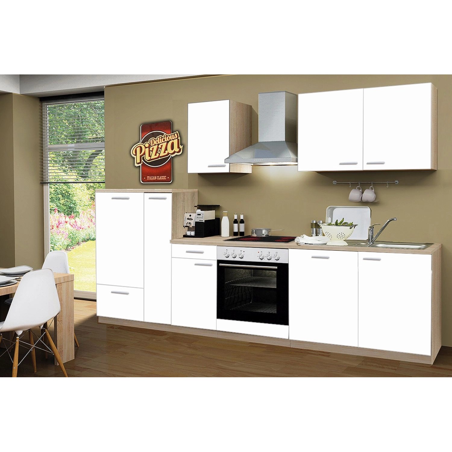 Menke Küchenzeile/Küchenblock Classic 300 cm Weiß Melamin-Sonoma Eiche Nachbildung