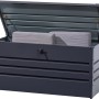 Geöffnete Floraworld Aufbewahrungsbox, 400 Liter, anthrazit, mit Kissen. Universalbox aus Stahlblech.