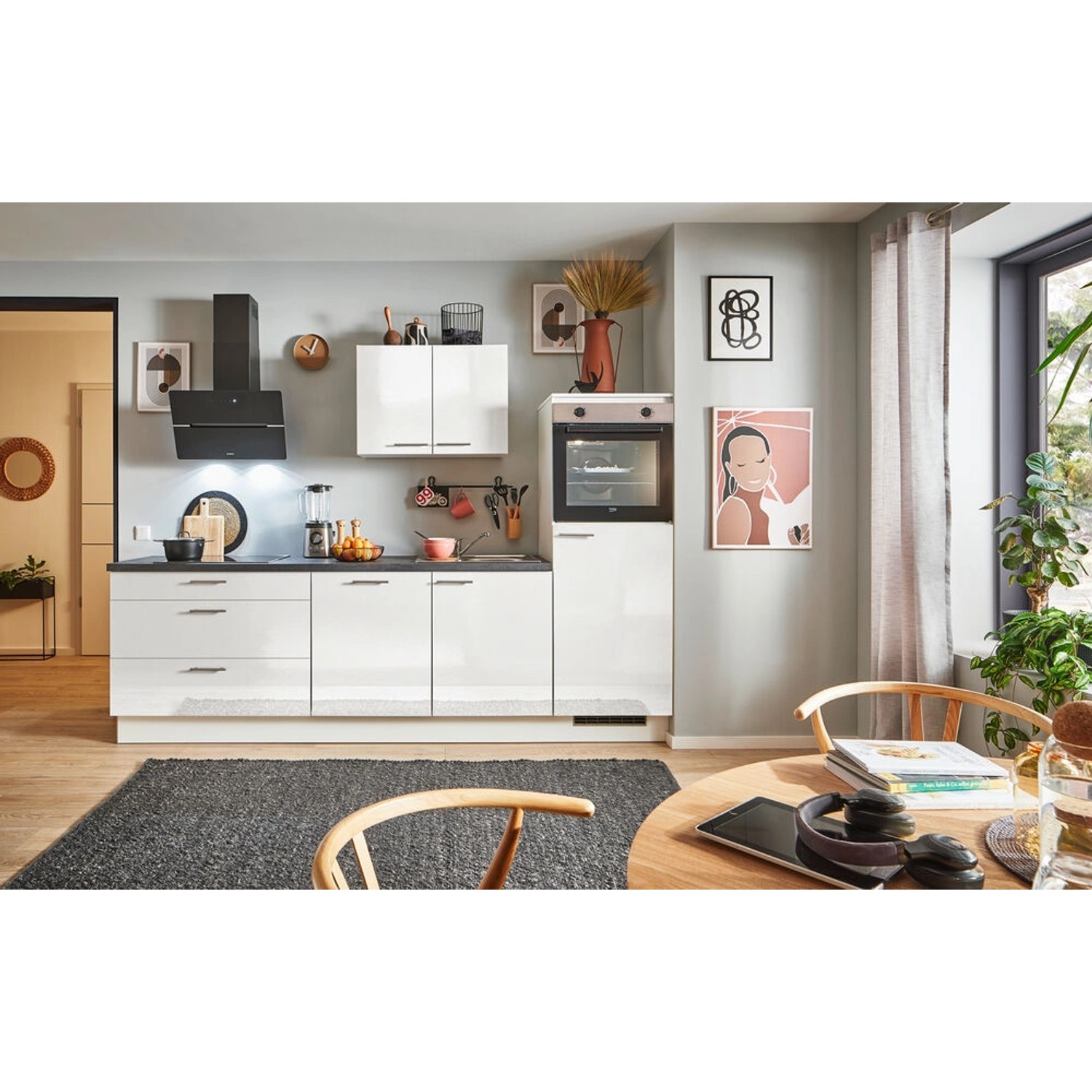 pino Küchenzeile 280 cm Weiß Hochglanz Anschlag rechts 1 Geräteschrank