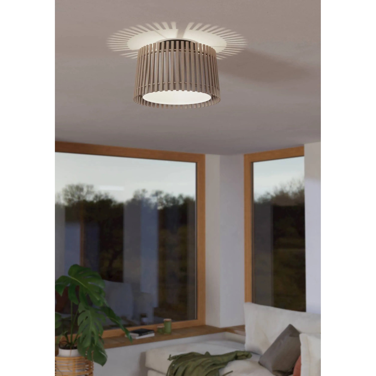 Moderne Eglo Deckenleuchte Fattoria in Weiß, Schwarz-Braun, Holzoptik für Wohnräume.
