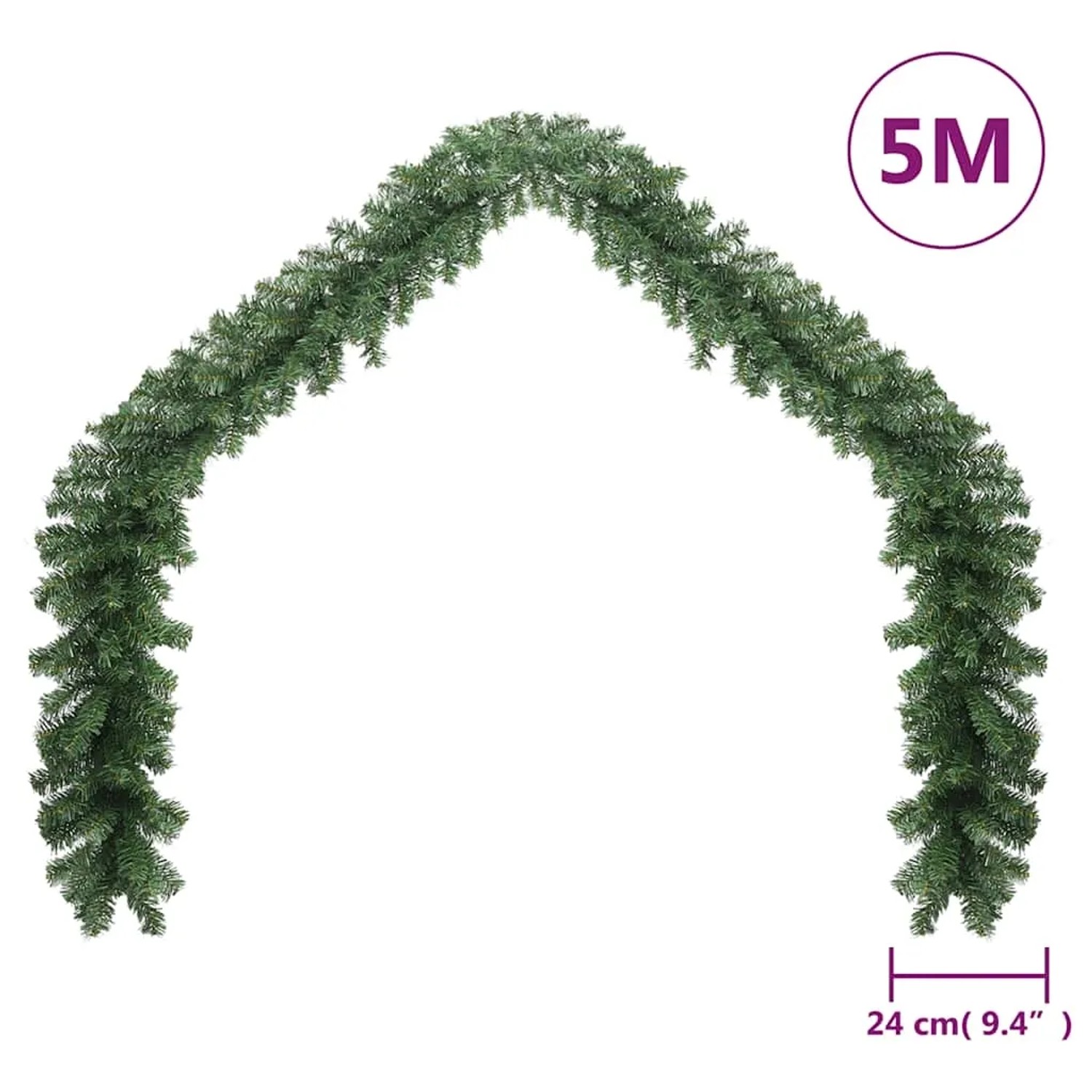 Grüne 5 m vidaXL Weihnachtsgirlande mit dichten Zweigen und integrierten LED-Leuchten, 24 cm breit.