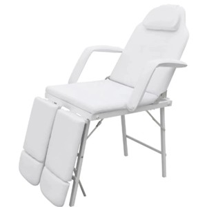 Weißer, tragbarer Kosmetikstuhl/Massagestuhl mit verstellbarer Rückenlehne und Fußstütze.