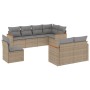 Beige 8-tlg. Garten-Sofagarnitur aus Polyrattan mit grauen Kissen. Modulare Gartenmöbel für Terrasse und Garten.