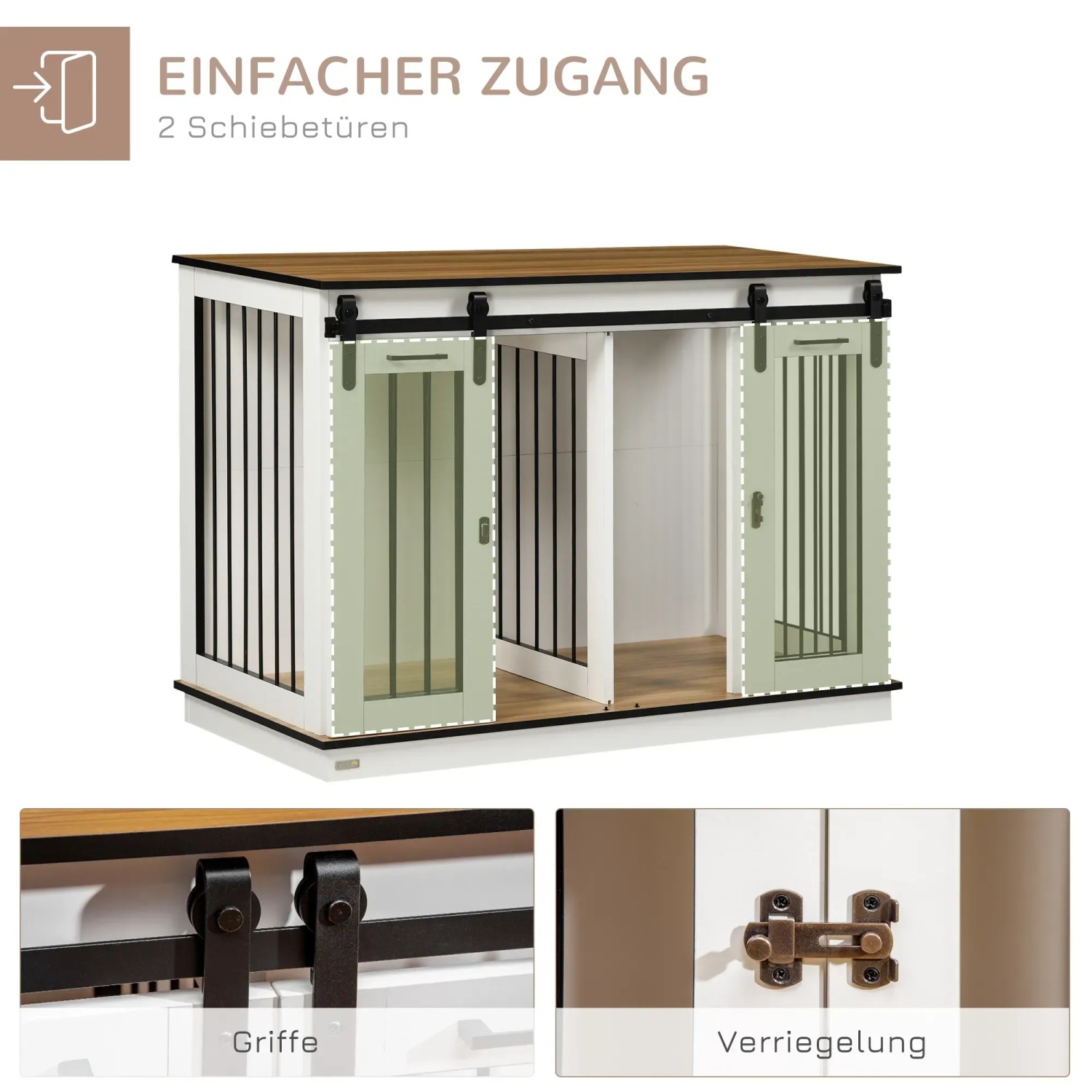 Weißer PawHut Hundekäfig aus Stahl und MDF mit Schiebetüren.
