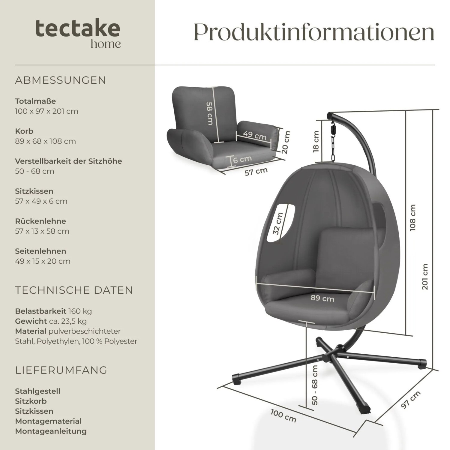 Tectake Hängeliege Mit Gestell Anika Mit Extra Dickem Sitzkissen 360° Drehbar Stabil Bodenschonend und Faltbar 97 x 100 x 201 cm Anthrazit_6
