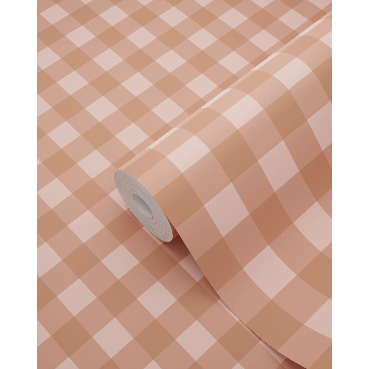 Dekorative Vliestapete mit Terrakottarosa Karomuster. Rolle teilweise abgerollt, zeigt das Design.